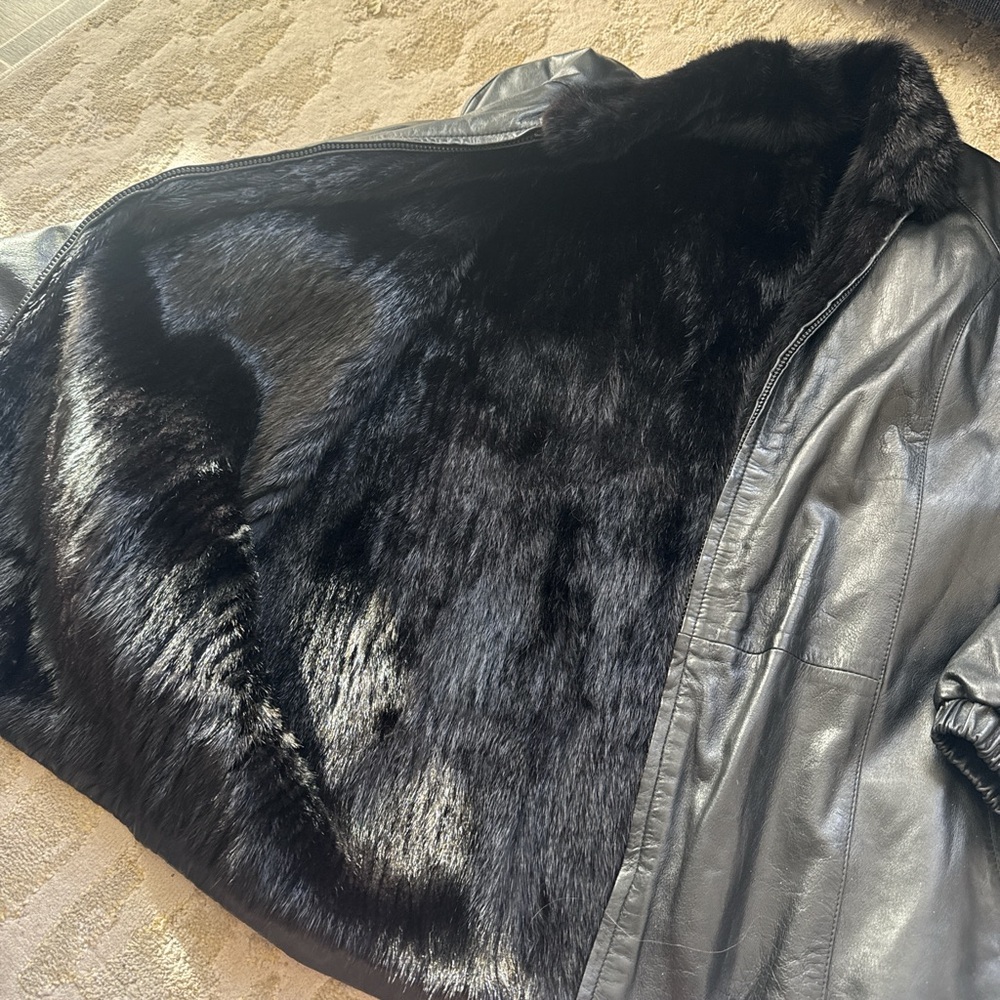 Men's Black Leather Jacket with Fur Collar - Picture 3 of 4